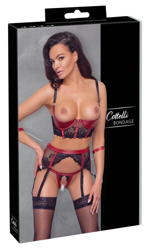 Cottelli Bondage trijų dalių komplektas su nėriniais ir manžetais, L