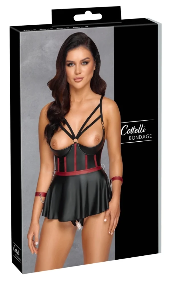 Cottelli Bondage ilga liemenėlė su manžetais ir stringais, juoda su raudona, 80B/M