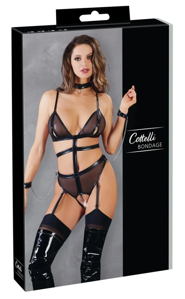 Cottelli Collection Bondage bodis su apykakle, grandinėlėmis ir manžetais, L