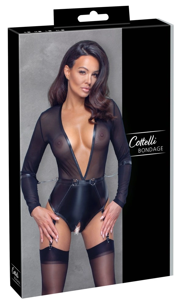 Cottelli Collection Bondage bodis su atviru tarpkojiu, rankovėmis ir manžetais, juodas, L