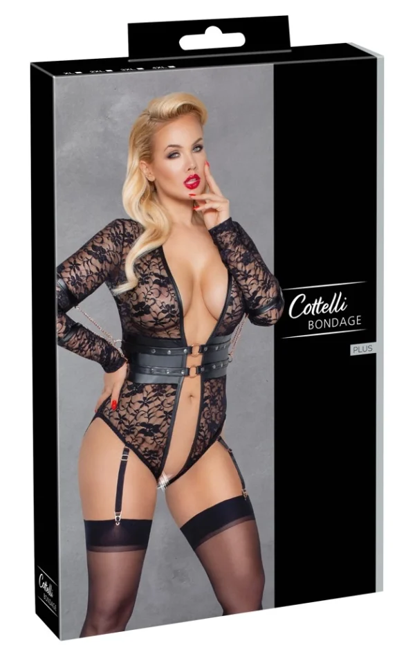 Cottelli Bondage nėriniuotas bodis su manžetais rankoms, juodas, 3XL