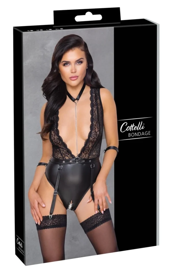 Cottelli Bondage bodis su manžetais, antkakliu ir kojinių laikikliais, juodas, L