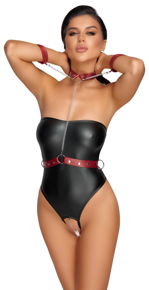 Cottelli Bondage bodis su nuimamais raudonais diržais ir manžetais, juodas, S