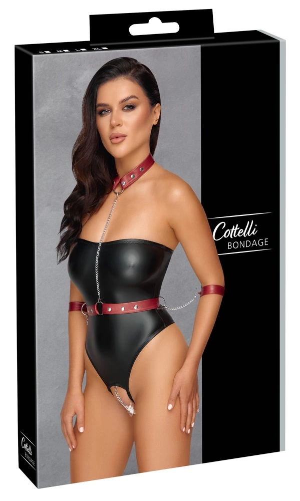 Cottelli Bondage bodis su nuimamais raudonais diržais ir manžetais, juodas, M