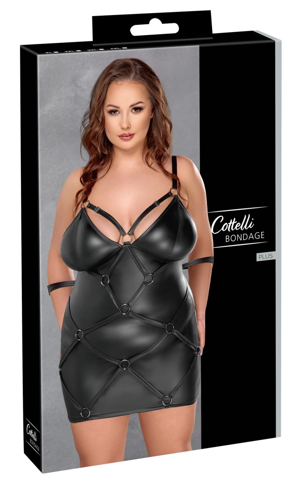 Cottelli Bondage Plus matinė suknelė su manžetais ir žiedais, juoda, 4XL