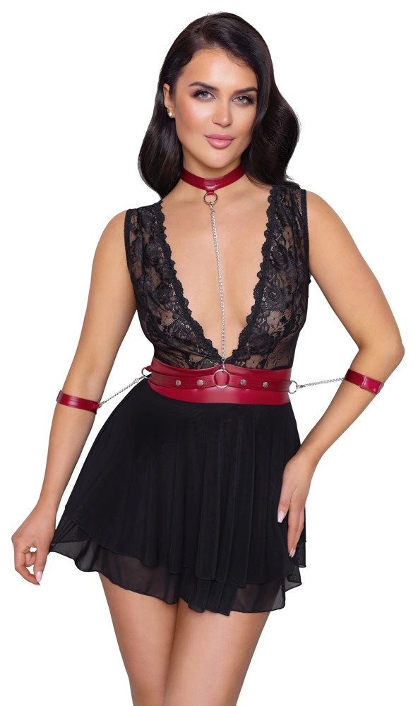 Cottelli Bondage Babydoll naktinukai su antkakliu ir manžetais, juodi, M