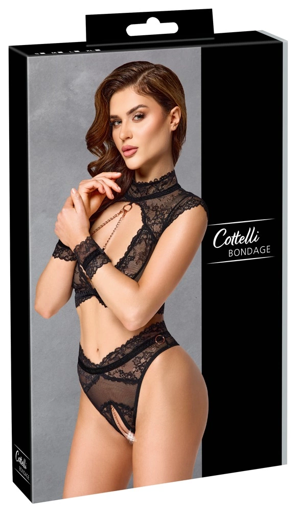 Cottelli Collection Bondage nėriniuotas komplektas su antrankiais, juodas, M