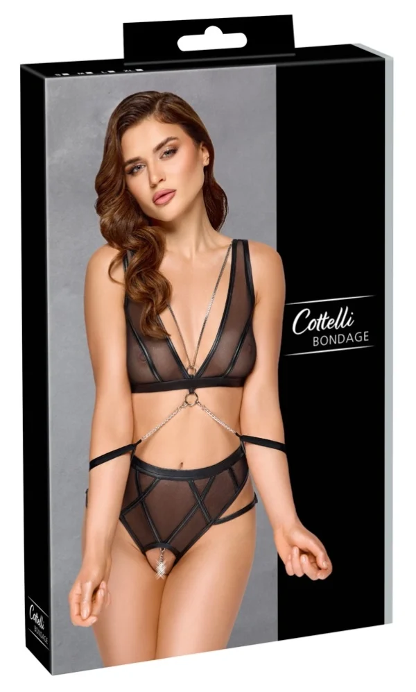 Cottelli Collection Bondage 3 dalių juodas komplektas su manžetėmis ir grandinėlėmis, S