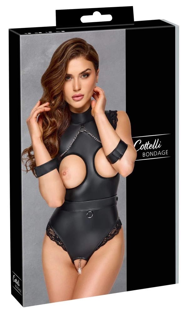 Cottelli Bondage matinis juodas bodis su diržu ir manžetais rankoms, S