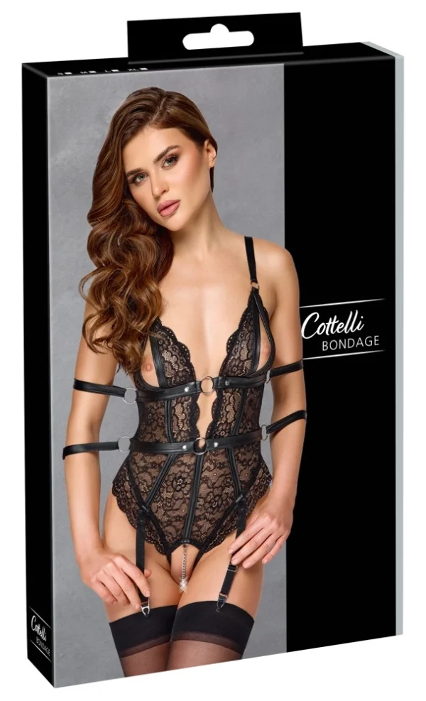 Cottelli Bondage nėrinių bodis su kojinių laikikliais ir manžetais, juodas, S