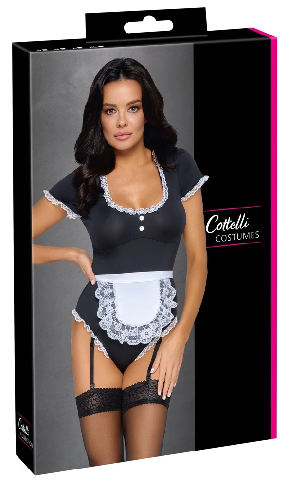Cottelli Costumes padavėjos kostiumas: bodis ir prijuostė su nėriniais, juodas, M