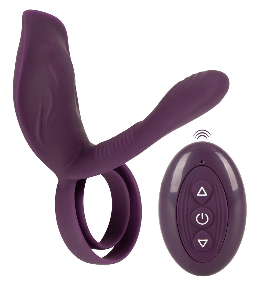 Couples Choice RC vibratorius poroms su dvigubu varpos žiedu ir pulteliu, juodas