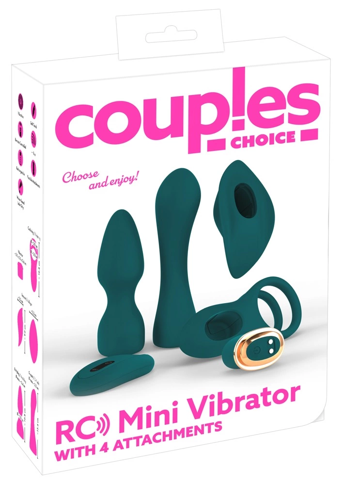 Couples Choice vibruojančios kulkos rinkinys su 4 antgaliais ir pulteliu, žalias