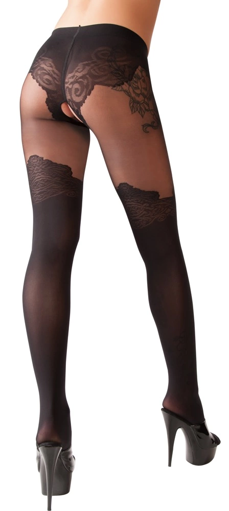 Cottelli LEGWEAR juodos pėdkelnės su raštu virš kelių ir atviru tarpkojiu, 40/20 den