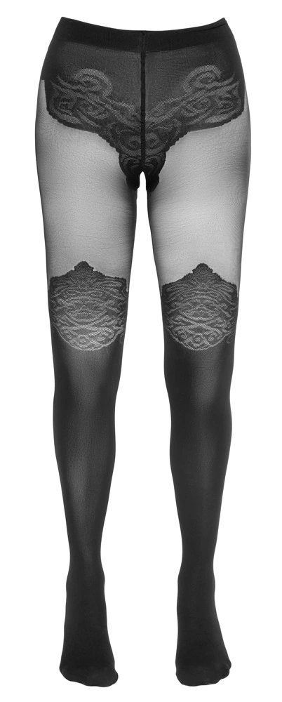 Cottelli LEGWEAR juodos pėdkelnės su raštu virš kelių ir atviru tarpkojiu, 40/20 den