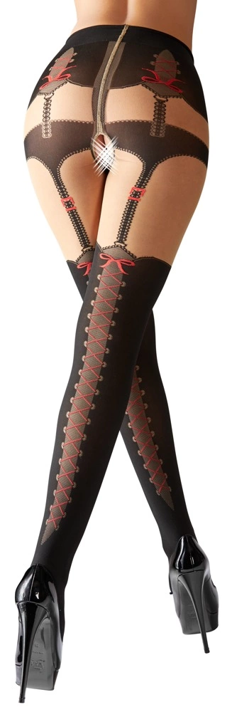 Cottelli Legwear pėdkelnės su atviru tarpkojiu, dirželių ir kaspinėlių raštu, juodos