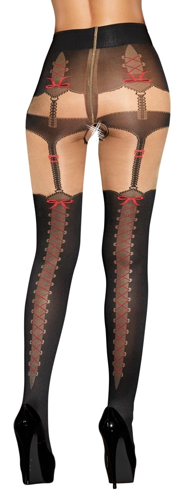 Cottelli Legwear pėdkelnės su atviru tarpkojiu, dirželių ir kaspinėlių raštu, juodos
