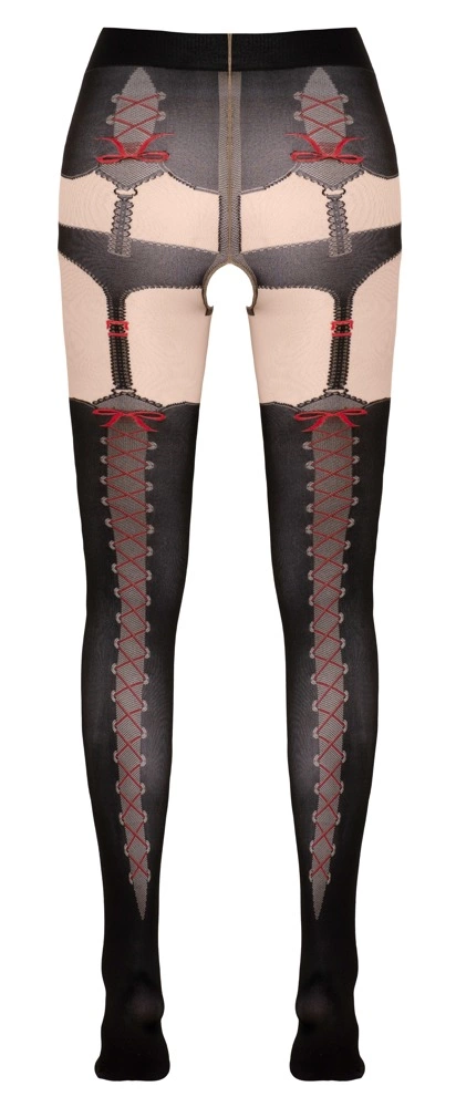 Cottelli Legwear pėdkelnės su atviru tarpkojiu, dirželių ir kaspinėlių raštu, juodos