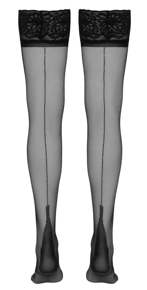 Cottelli Legwear savaime besilaikančios kojinės 20 den su siūle ir nėrinių viršumi, juodos