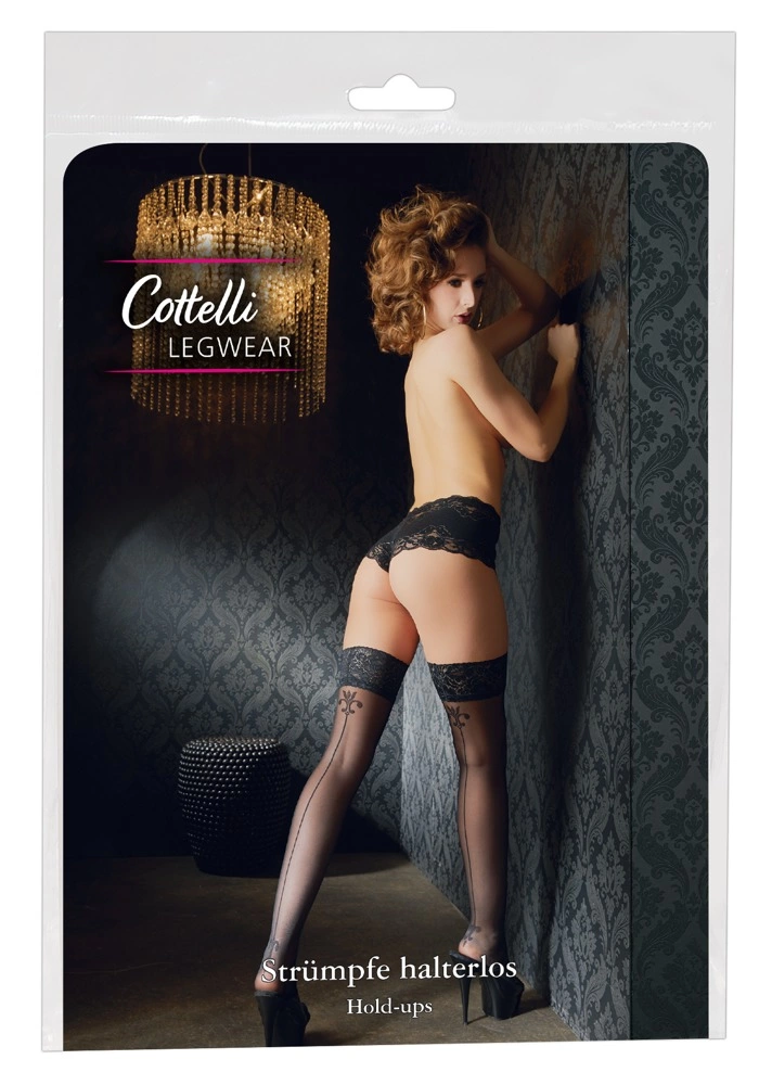 Cottelli Legwear savaime besilaikančios juodos kojinės su siūle gale ir nėrinių viršumi
