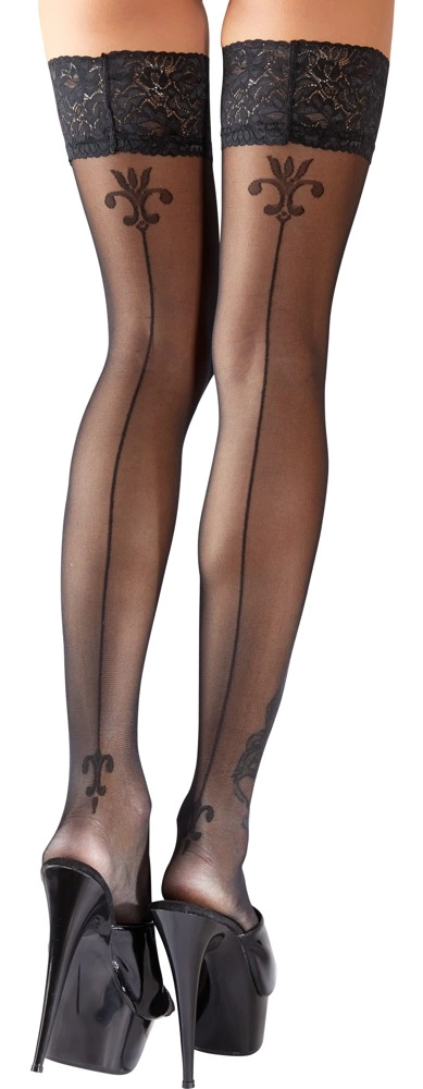 Cottelli Legwear savaime besilaikančios juodos kojinės su siūle gale ir nėrinių viršumi