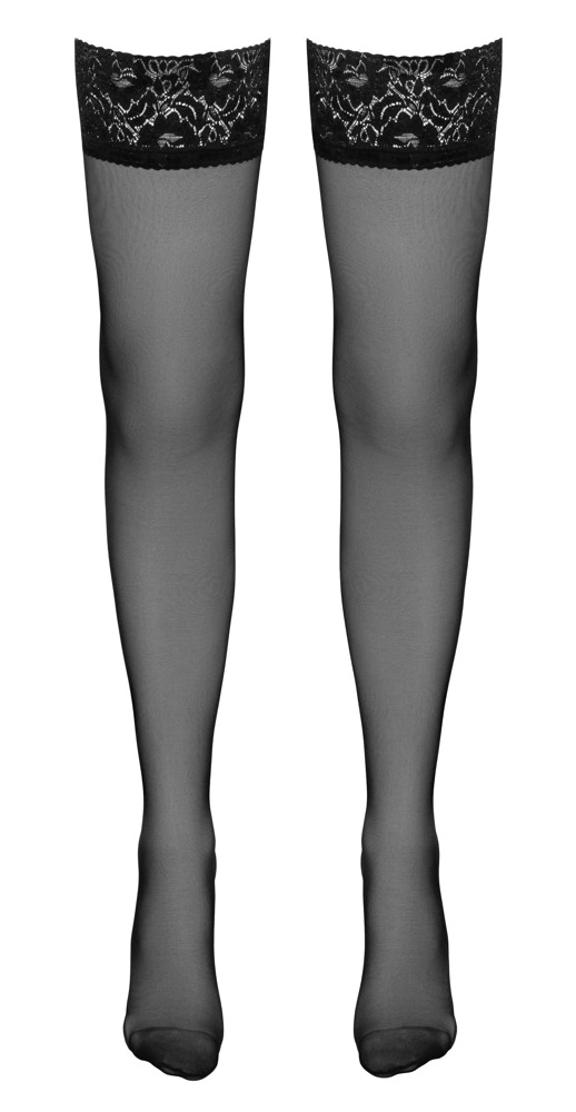 Cottelli Legwear savaime besilaikančios juodos kojinės su siūle gale ir nėrinių viršumi