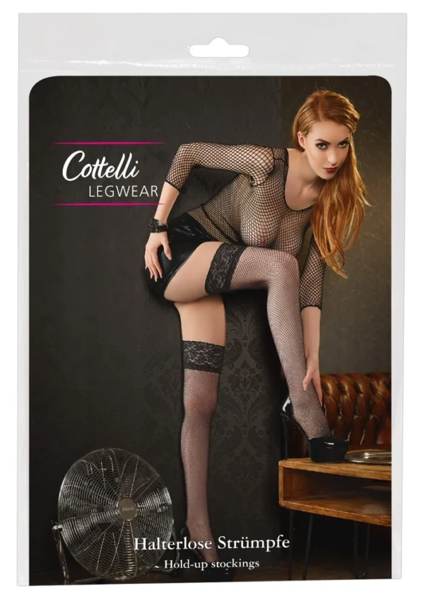 Cottelli Collection savaime besilaikančios tinklinės kojinės su nėrinių viršumi, juodos