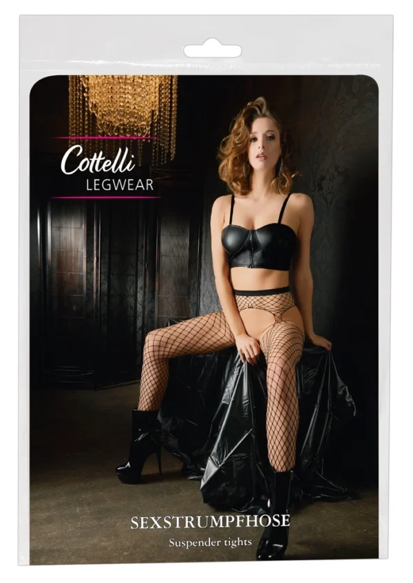 Cottelli Legwear tinklinės pėdkelnės su atviru tarpkojiu ir laikikliais, juodos, S-L