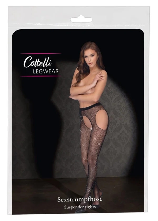 Cottelli Legwear tinklinės pėdkelnės su kristalais ir atviru tarpkojiu, S-L, juodos