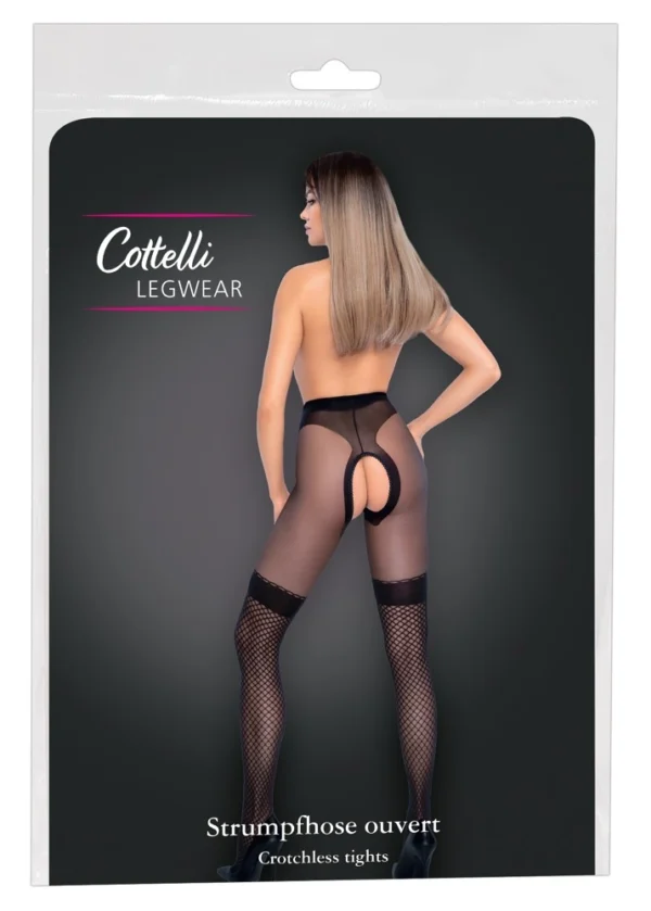 Cottelli Legwear juodos pėdkelnės su tinkleliu ir atviru tarpkojiu, 30 den, M/L