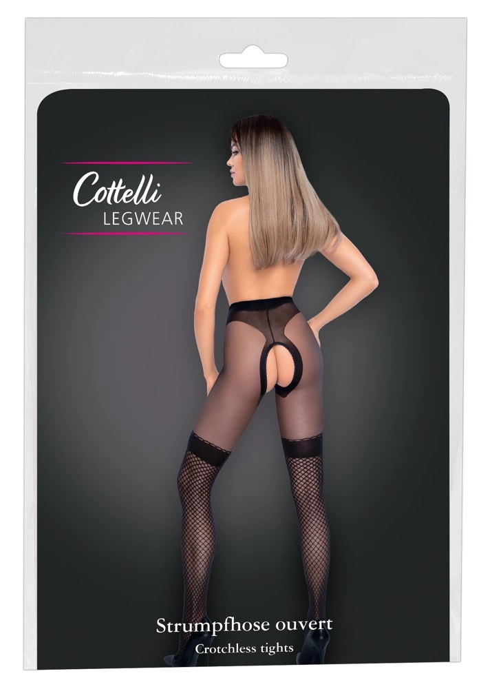 Cottelli Legwear juodos pėdkelnės su tinkleliu ir atviru tarpkojiu, 30 den, M/L