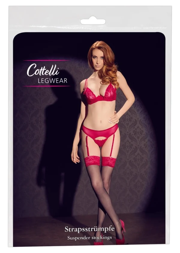 Cottelli Legwear kojinės su raudonais nėriniais, juodos, 20 den