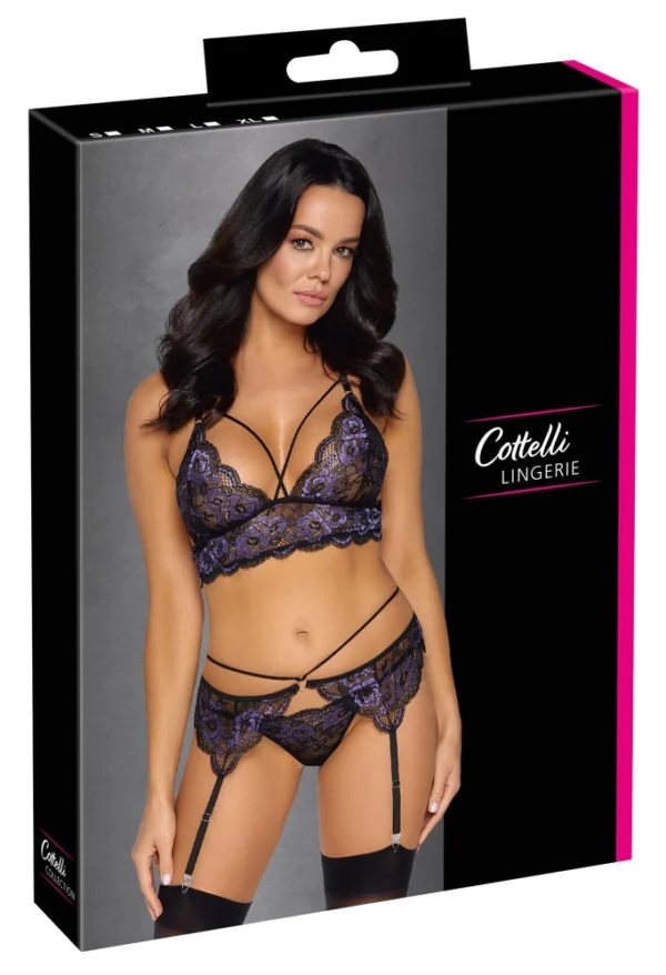 Cottelli Lingerie nėrinių komplektas su kojinių laikiklių diržu, juodas su violetine, L