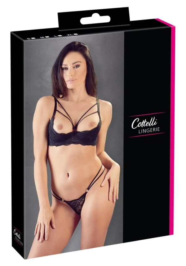 Cottelli Lingerie nėriniuotas komplektas su sidabro spalvos žiedais, juodas, 80B/M
