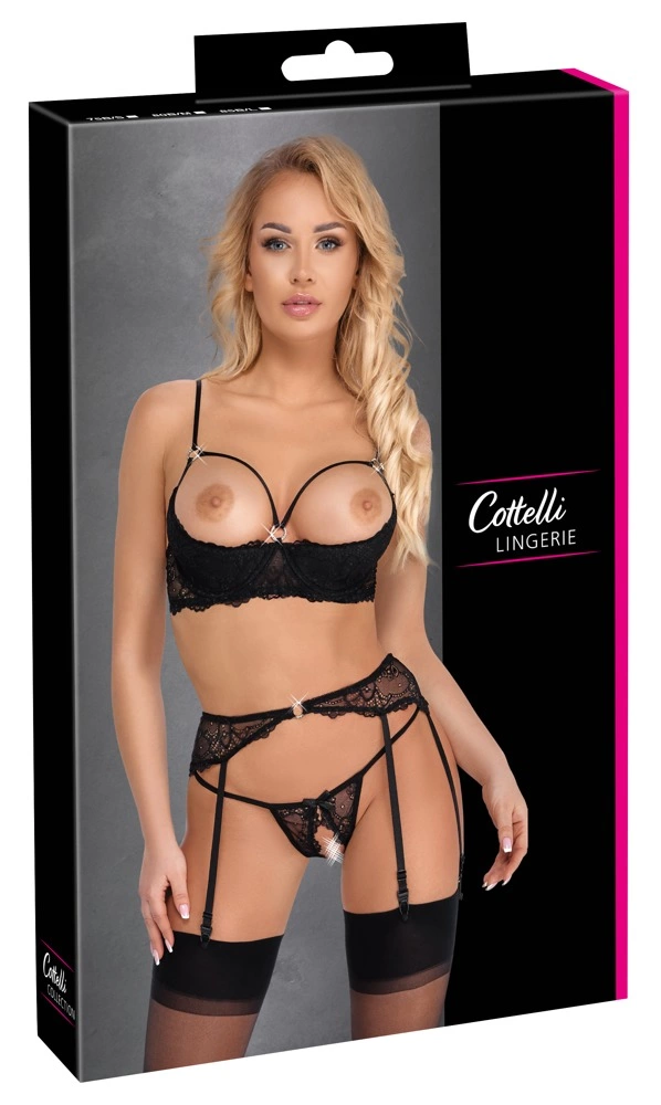 Cottelli Lingerie trijų dalių nėrinių komplektas su atviru tarpkojiu, juodas, 85B/L