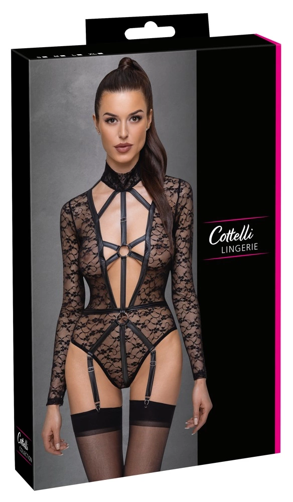 Cottelli Lingerie nėrinių bodis su ilgomis rankovėmis ir diržų efektu, juodas, XL