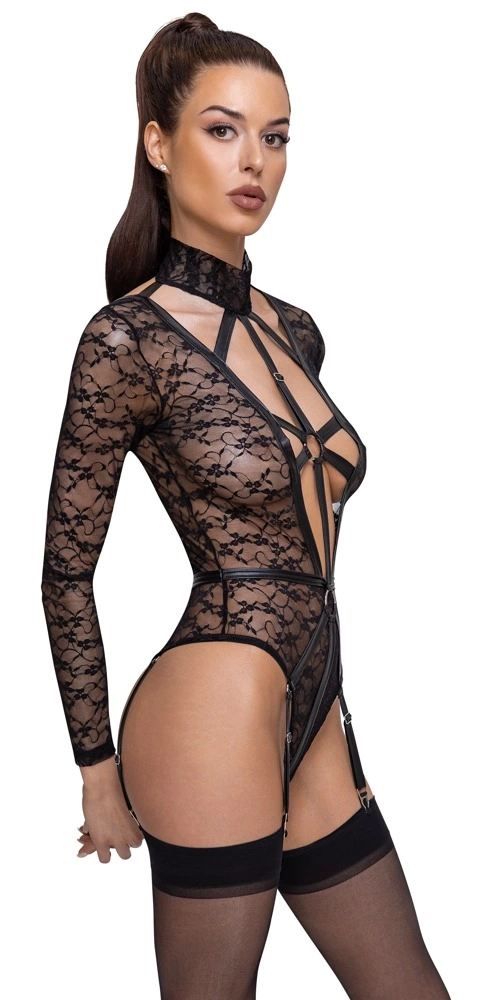 Cottelli Lingerie nėrinių bodis su ilgomis rankovėmis ir diržų efektu, juodas, XL