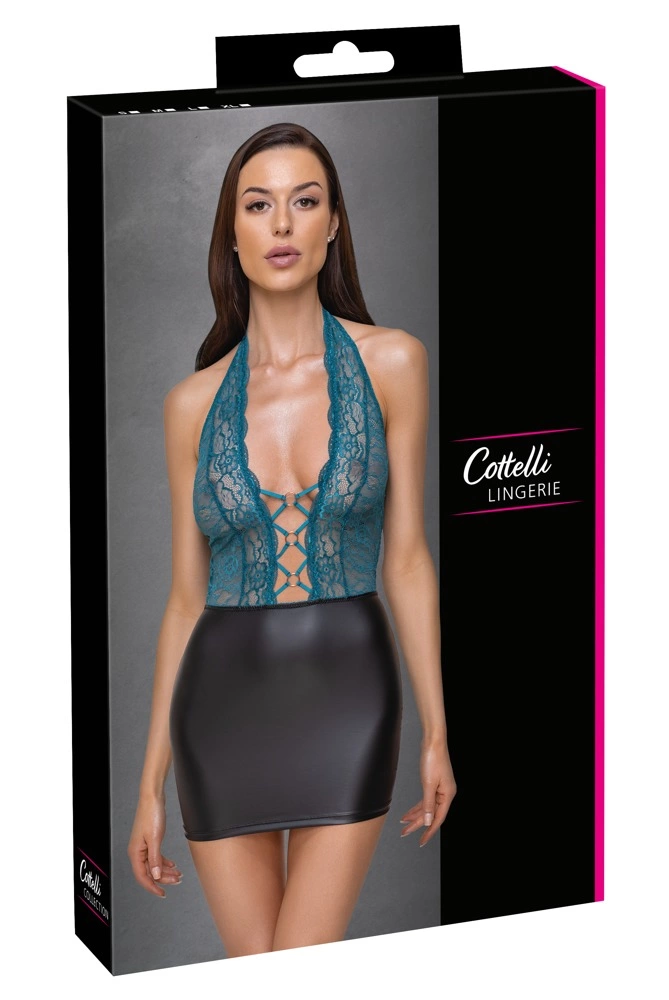 Cottelli Lingerie matinė suknelė su nėriniuotu viršumi, juoda ir žalsvai mėlyna, XL