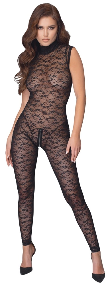 Cottelli Lingerie nėriniuotas kombinezonas be rankovių su užtrauktuku, juodas, L