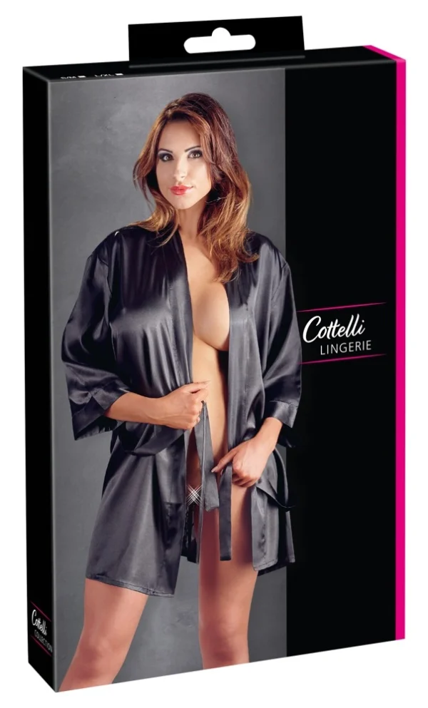 Cottelli Lingerie satino ir nėrinių chalatas kimono stiliaus, juodas, S/M