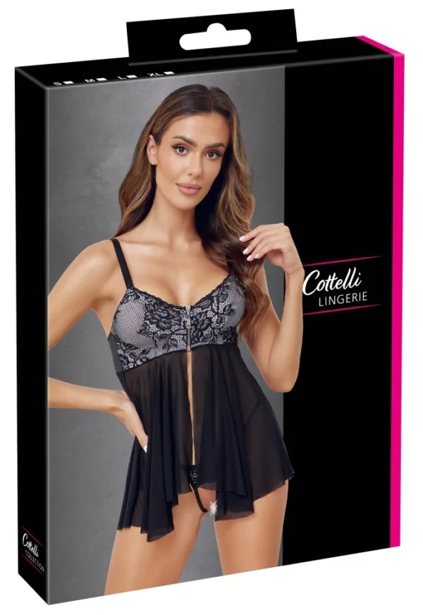 Cottelli Lingerie naktinukai su nėriniais, užtrauktuku ir stringais, S, juodi su baltu