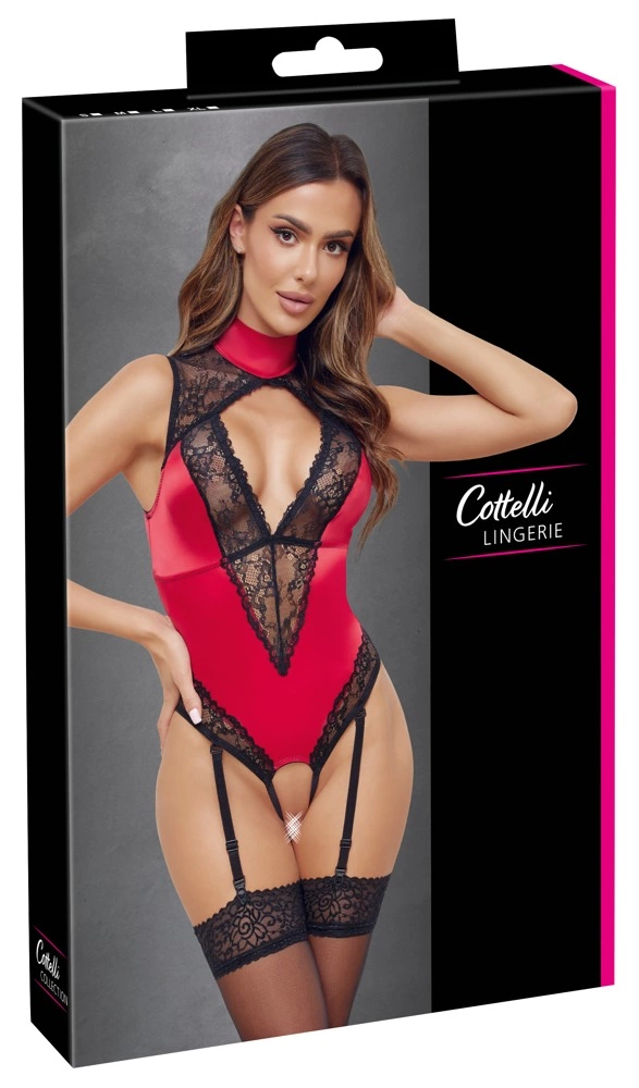 Cottelli Lingerie satino ir nėrinių bodis su nuimamais laikikliais, raudonas, S