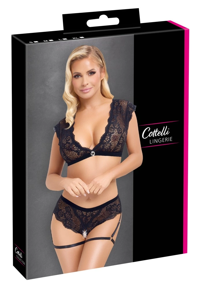 Cottelli Lingerie nėriniuotas topas ir kelnaitės su atviru tarpkojiu, juodi, L