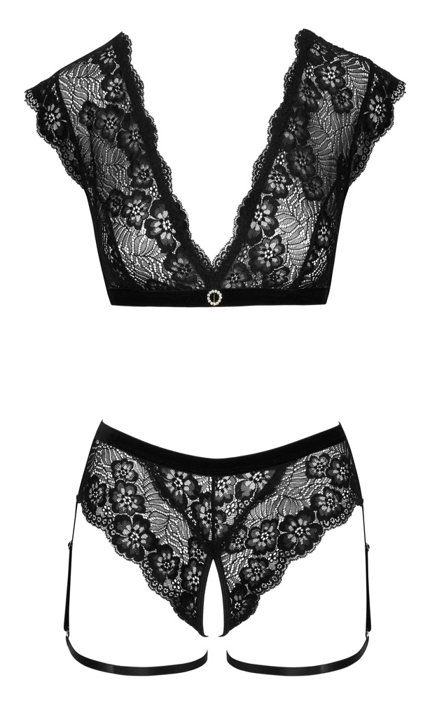 Cottelli Lingerie nėriniuotas topas ir kelnaitės su atviru tarpkojiu, juodi, L