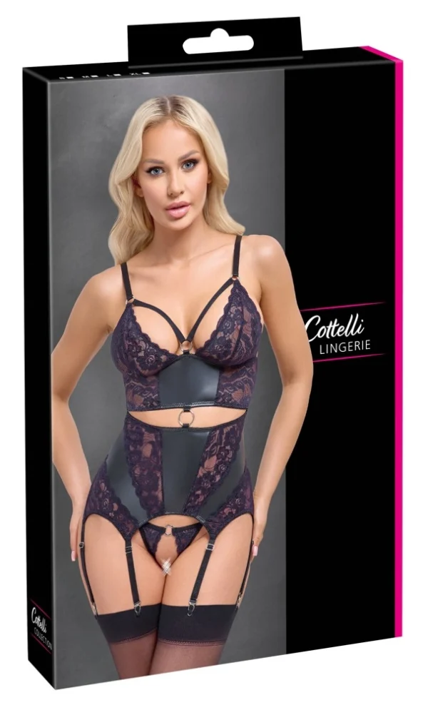 Cottelli Lingerie korsetas su kojinių laikikliais ir stringais, juodas, M