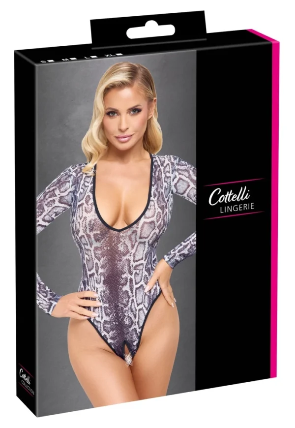Cottelli Lingerie bodis iš permatomo powernet su ilgomis rankovėmis ir atviru tarpkojiu, S