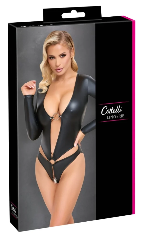 Cottelli Lingerie bodis su atviru tarpkojiu ir ilgomis rankovėmis, matinis juodas, M