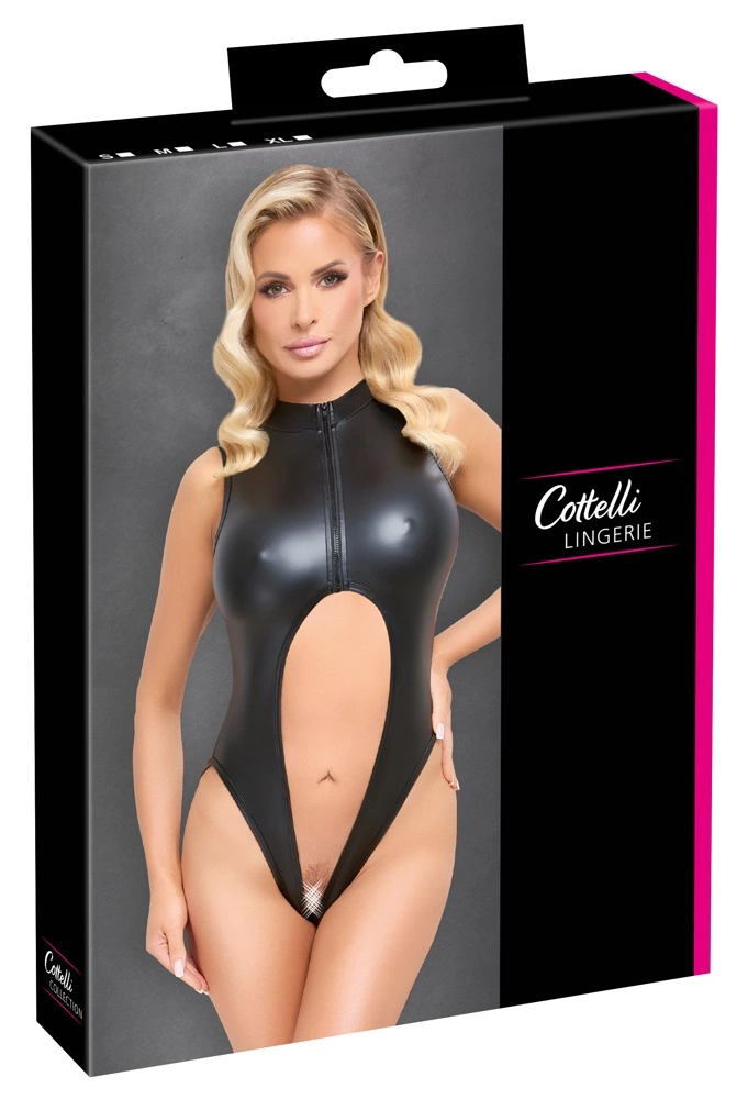Cottelli Lingerie matinis juodas bodis su užtrauktuku ir atviru tarpkojiu, L