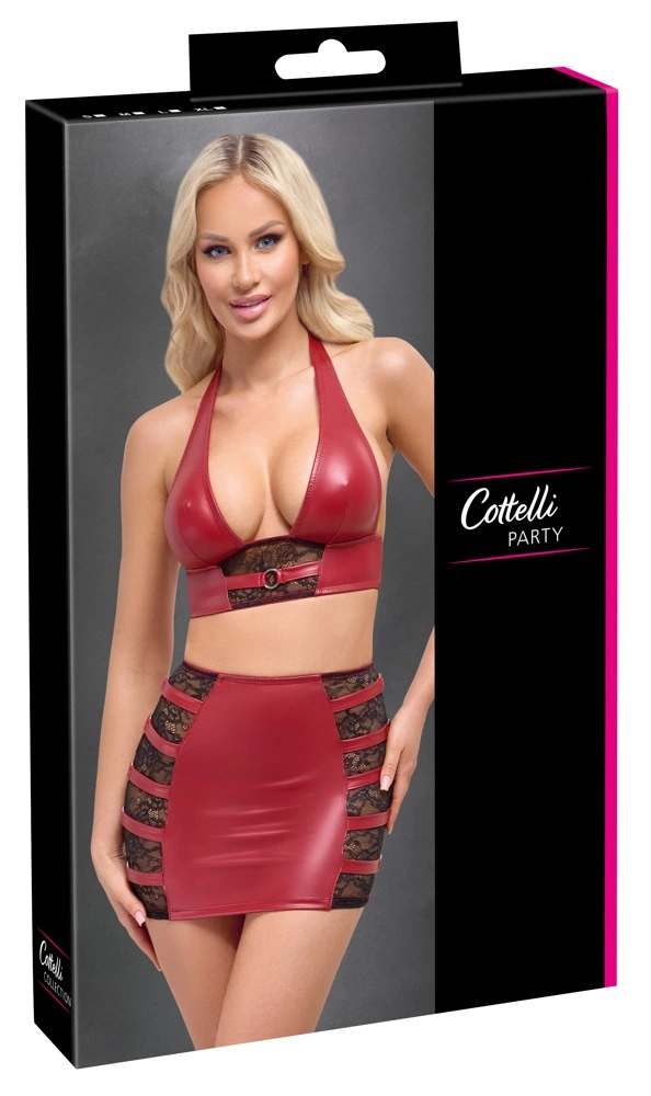 Cottelli PARTY šlapio efekto topas ir mini sijonas su nėriniais, raudoni, XL