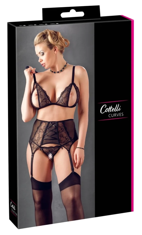 Cottelli Curves nėrinių komplektas su atvira liemenėle ir kojinių laikikliais, juodas, 2XL